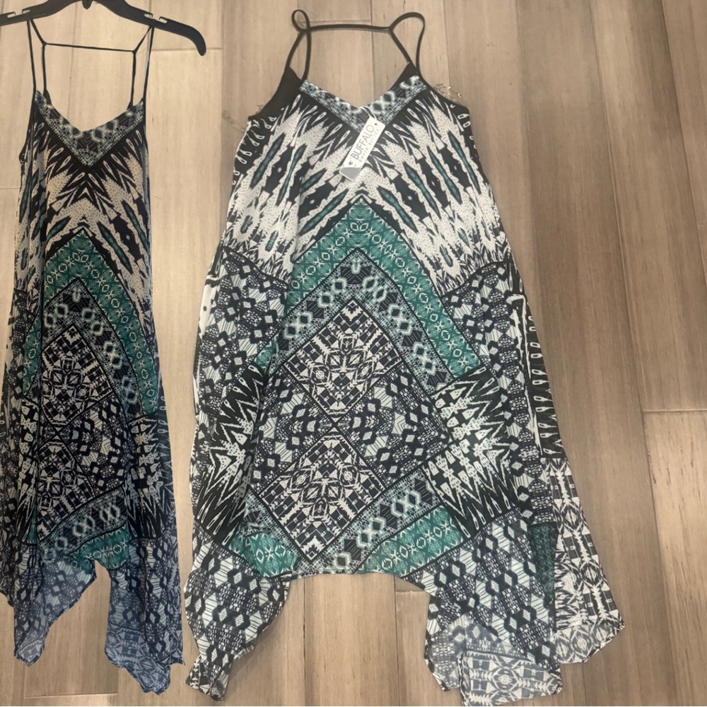 Buffalo David Bitton Black & Teal Geometric Dress | XS Asymmetrical Hem